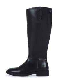 Black knee-high leather boot with low heel, rounded toe, and snap button detail near the top on a white background.