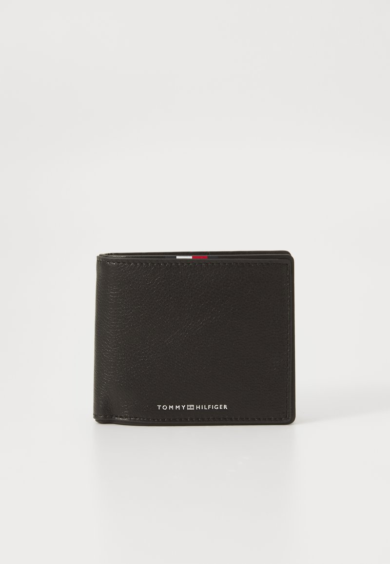 Black leather wallet with a textured finish, bi-fold design, featuring a branded logo and a small tri-color accent on the top edge.