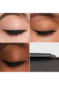 Zwarte eyeliner met een gladde, matte afwerking. Vier close-up beelden tonen verschillende huidtinten met een precieze, gevleugelde toepassing en details van de verpakking.