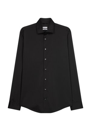 Camicia nera a maniche lunghe realizzata in tessuto liscio, con colletto classico, chiusura frontale con bottoni e orlo arrotondato con polsini.