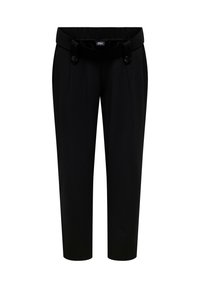 Pantalones negros de tela suave con una cinturilla elástica ancha, dos botones en el frente y piernas estrechas. Presentan pliegues drapeados.