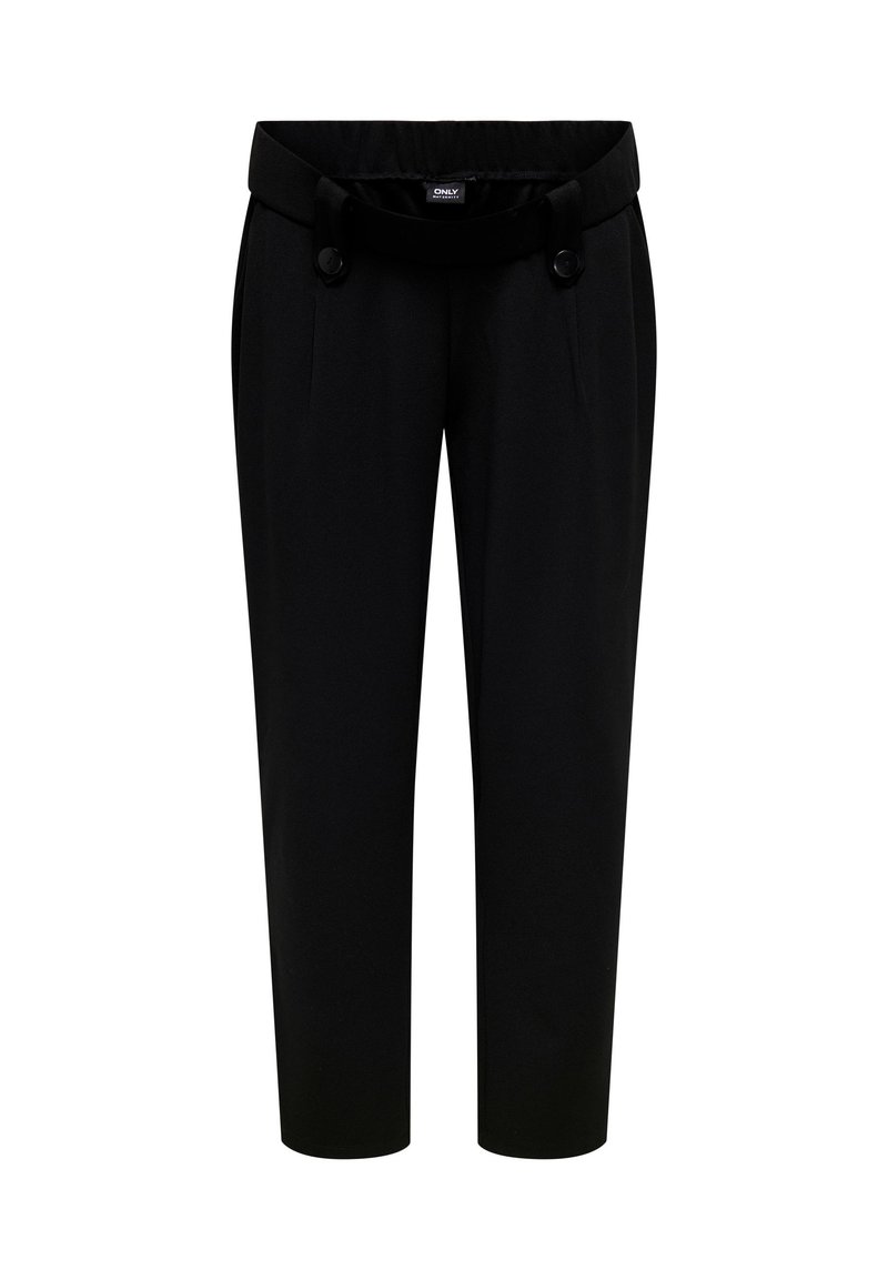 Pantalones negros de tela suave con una cinturilla elástica ancha, dos botones en el frente y piernas estrechas. Presentan pliegues drapeados.