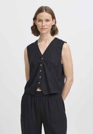 Top sans manches en lin noir avec un col en V, comportant cinq boutons en laiton sur le devant et un ourlet court. Texture lisse, design simple.