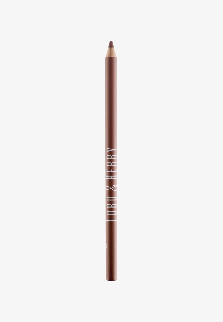 Bruine lipliner met een geslepen punt. De behuizing heeft een matte afwerking en een witte bedrukte merknaam. Rechtdoor, slank ontwerp.