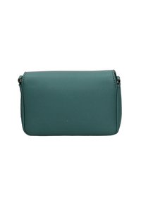 Borsa in pelle teal, forma rettangolare, texture liscia. Presenta cuciture lungo i bordi e piccoli punti di attacco per le cinghie.