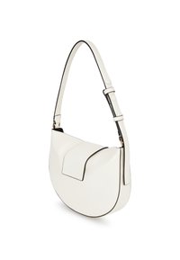 Balta ādas puspavis soma ar regulējamu siksniņu un vāciņa aizdari, ar melnu malu apdari un zelta aksesuāriem.