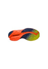 Semelle de chaussure en orange, bleu marine et vert. Présente des motifs de grip texturés et une transition de couleur progressive du bleu marine au vert néon.