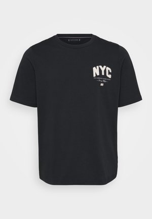 Black cotton t-shirt featuring a round crew neck and short sleeves. Front has white embroidered text "NYC" and small graphic details.