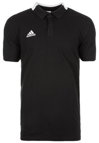 Polo nero con maniche corte, colletto e pattina con bottoni. Logo Adidas bianco sul lato sinistro del petto; dettagli bianchi a contrasto sul colletto.
