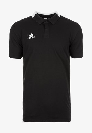 Polo nero con maniche corte, colletto e pattina con bottoni. Logo Adidas bianco sul lato sinistro del petto; dettagli bianchi a contrasto sul colletto.