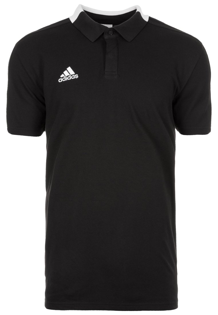 Polo nero con maniche corte, colletto e pattina con bottoni. Logo Adidas bianco sul lato sinistro del petto; dettagli bianchi a contrasto sul colletto.