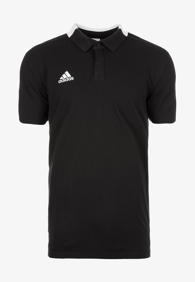 Polo noir à manches courtes, avec un col et une patte de boutonnage. Logo Adidas blanc sur la poitrine gauche ; accents de col blancs contrastants.