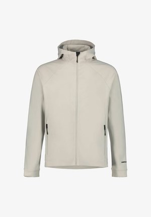 Vaaleanharmaa softshell-takki, jossa vetoketjullinen etuosa, säädettävä huppu ja vetoketjulliset sivutaskut; siinä on pitkät hihat ja suora leikkaus.