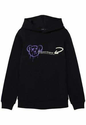 Schwarzer Hoodie aus Baumwollmischung; mit lila Bärenmotiv mit Tropfen und Text. Lange Ärmel und eine Fronttasche. Klassische Passform.