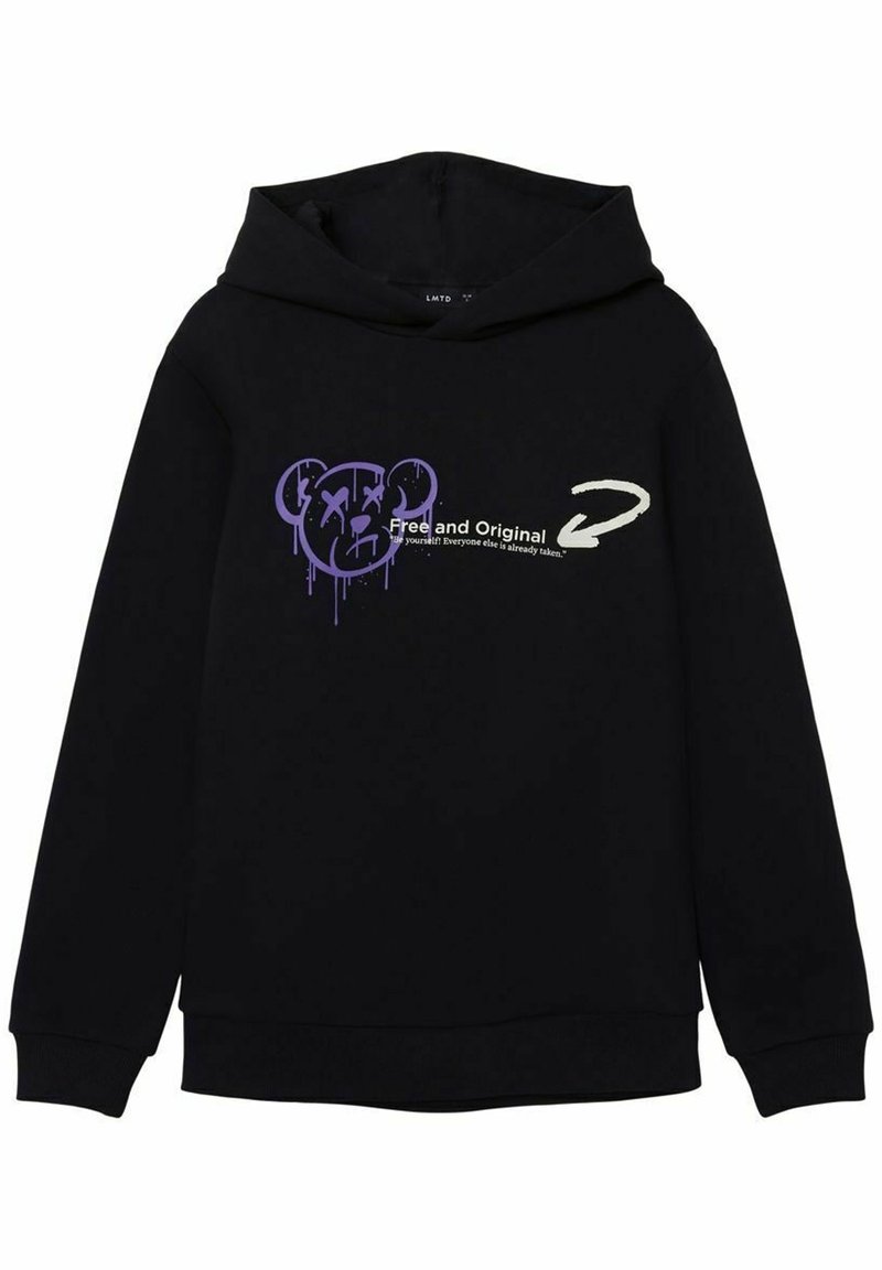 Sweat à capuche noir en mélange de coton ; présente un graphisme d'ours violet avec des éclaboussures et du texte. Manches longues et poche avant. Coupe classique.