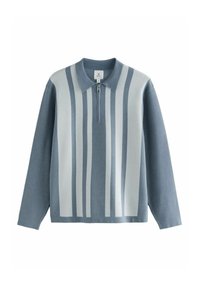 Hellblauer Pullover mit Reißverschluss, kurzem Kragen und vertikalen weißen Streifen. Aus weichem Material mit lässigem Schnitt.