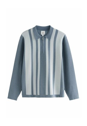 Light blue sweater featuring a zip neck, short collar, and vertical white stripes. Made from soft material with a casual fit.