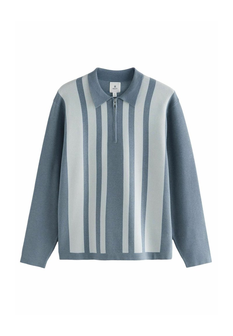 Hellblauer Pullover mit Reißverschluss, kurzem Kragen und vertikalen weißen Streifen. Aus weichem Material mit lässigem Schnitt.