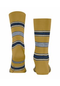 Gelbe knielange Socken mit navyblauen und weißen horizontalen Streifen, mit einem gerippten Textur und verstärkten Zehen- und Fersenbereichen.