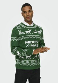 Maglione di Natale verde lavorato a maglia con renne bianche, fiocchi di neve e la scritta "MERRY X-MAS" in grassetto. Polsini e orlo a coste.
