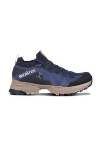 Chaussure de randonnée mi-haute en bleu marine avec une tige en mesh et un embout en caoutchouc. Présente une semelle robuste et une semelle intermédiaire beige contrastante.