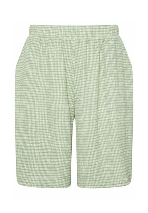 Szorty z materiału w zielono-białą kratę, z elastycznym pasem i bocznymi kieszeniami, do kolan, w stylu casual.