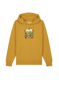 Gele hoodie met een voorzak, voorzien van een kleurrafische afbeelding van een busje omringd door vredessymbolen en bloemmotieven.