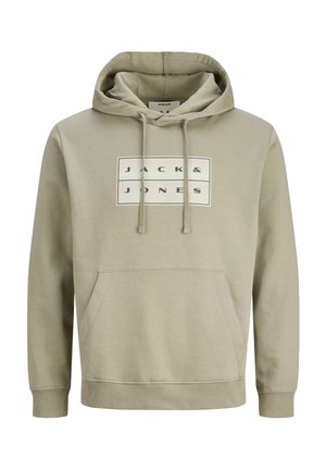 Sweat à capuche beige avec poche avant et cordons, avec un logo rectangulaire blanc inscrit "JACK & JONES" en lettres noires.