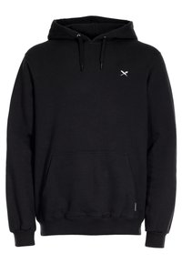 Felpa nera con cappuccio realizzata in tessuto misto cotone, caratterizzata da una tasca frontale, cappuccio con coulisse e piccolo logo bianco sul petto.