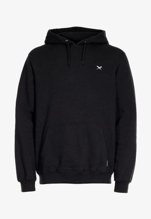 Felpa nera con cappuccio realizzata in tessuto misto cotone, caratterizzata da una tasca frontale, cappuccio con coulisse e piccolo logo bianco sul petto.