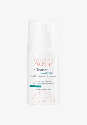 White plastic bottle with a pump dispenser, labeled "Avène Cleanance Comedomed," features teal and light orange text and simple graphics.