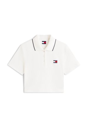 Biela krátka polokošeľa s krátkymi rukávmi, golierom s čiernym lemovaním, gombíkovou légou a malým logom Tommy Jeans na hrudi a vo vnútri goliera.
