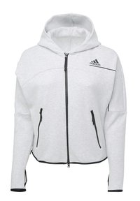 Sweat à capuche zippé Adidas gris clair avec poches avant, détails de fermeture éclair noirs et capuche.