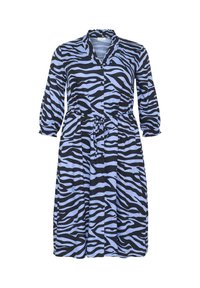 Blauw en zwart gestreepte jurk met zebra-print, knoopsluiting aan de voorkant, kraag en elastische cuffs. Taille met trekkoord voor een verstelbare pasvorm. Zachte stoftextuur.