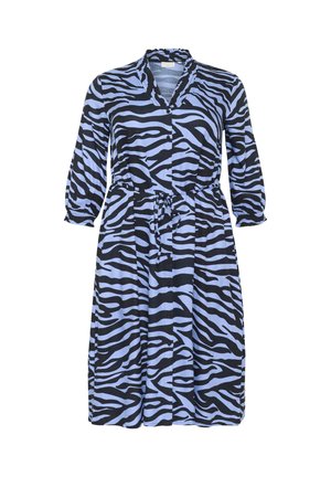 Blau und schwarz gestreiftes Zebra-Kleid mit knöpfbarem Vorderteil, Kragen und elastischen Bündchen. Verstellbare Taille mit Kordelzug für individuellen Sitz. Weicher Stoff.