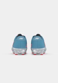 Pair of blue and silver soccer cleats with red studs, viewed from the back on a white background.
