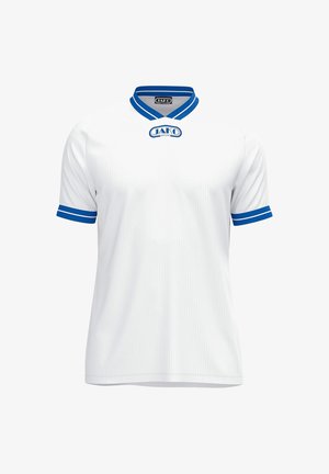 T-shirt de sport blanc à manches courtes avec double rayures bleues sur le col et les poignets, avec le logo Jako Sport sur la poitrine et à l'intérieur du col.