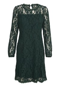 Robe en dentelle vert foncé avec manches longues transparentes, encolure ronde et ourlet festonné.