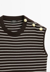 Maglione senza maniche a righe marroni e bianche realizzato in 100% cotone, con scollatura rotonda e dettagli con bottoni dorati sulle spalle.