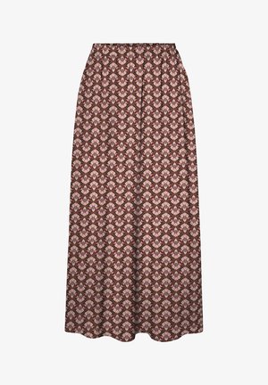 Bruine maxirok met roze en beige geometrisch bloemenpatroon en elastische tailleband.