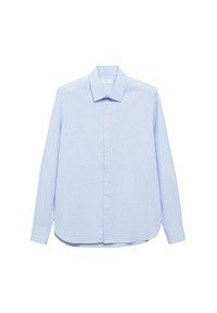 Ljusblå randig skjorta med knappar och klassisk krage samt långa ärmar. Har rak fåll och små vita knappar fram.