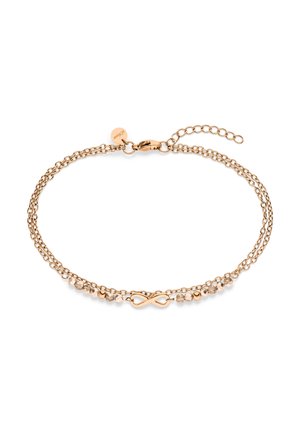 Delicaat dubbel armbandje van roségoud met een oneindigheidssymbool in het midden en kleine gefacetteerde kraaltjes, met een karabijnsluiting en een verstelbare verlengkettinkje.