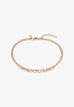 Delikat armbånd i roseguld med dobbelt kæde, uendelighedssymbol i midten og små facetterede perler, lås med hummerlås og justerbar forlængelseskæde.