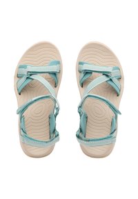 Two pairs of aqua-blue strappy sandals with textured beige soles, featuring adjustable straps and a flat design.