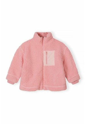 Veste polaire rose douce avec fermeture éclair intégrale à l'avant et poche poitrine zippée, manches avec poignets et col montant.