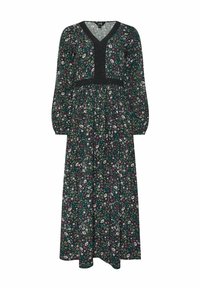 Vestido maxi de tela verde oscuro con estampado floral en blanco, rosa y verde azulado. Presenta un escote en V, mangas largas y una cintura elástica.