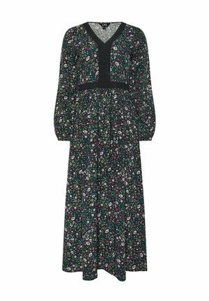 Maxikleid aus dunkelgrünem Stoff mit floralen Mustern in Weiß, Pink und Türkis. Mit V-Ausschnitt, langen Ärmeln und elastischem Taillenbund.