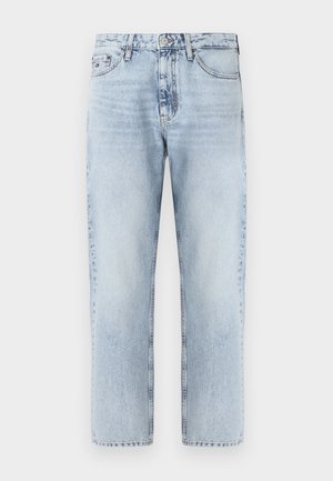 Light blue denim jeans with a straight-leg cut, button closure, and five-pocket design. Textured fabric with faded detailing.