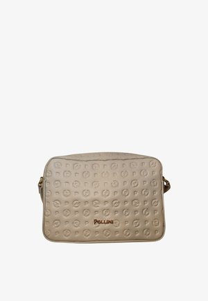 Borsa a tracolla rettangolare in pelle beige con motivi circolari in rilievo e logo "Pollini" dorato sul davanti.