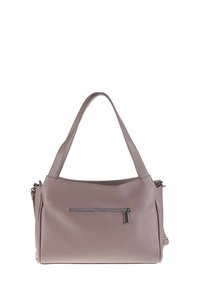 Borsa a tracolla grigia in pelle con una texture liscia, dotata di una tasca frontale con zip, due tracolle e un ampio scomparto principale.
